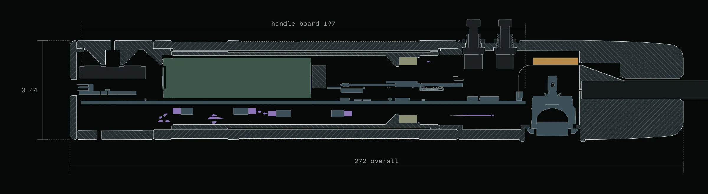 Section through the handle: end cap and charger at the left, the cell and the long board inside the grip core, the motors in the core wall, and the collar with buttons, rocker and shaft at the right.