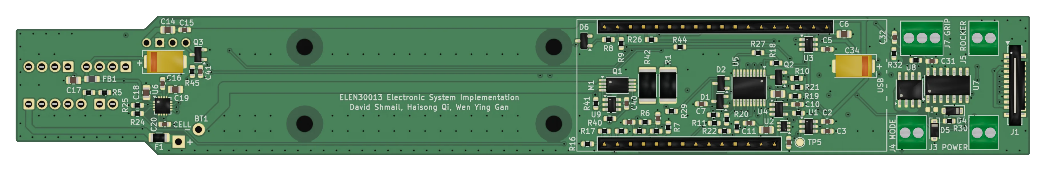 The populated top of the handle board: power parts at the left, the long mounting area for the motor drivers, the processor socket, and the grip sensor and cable connector at the right.