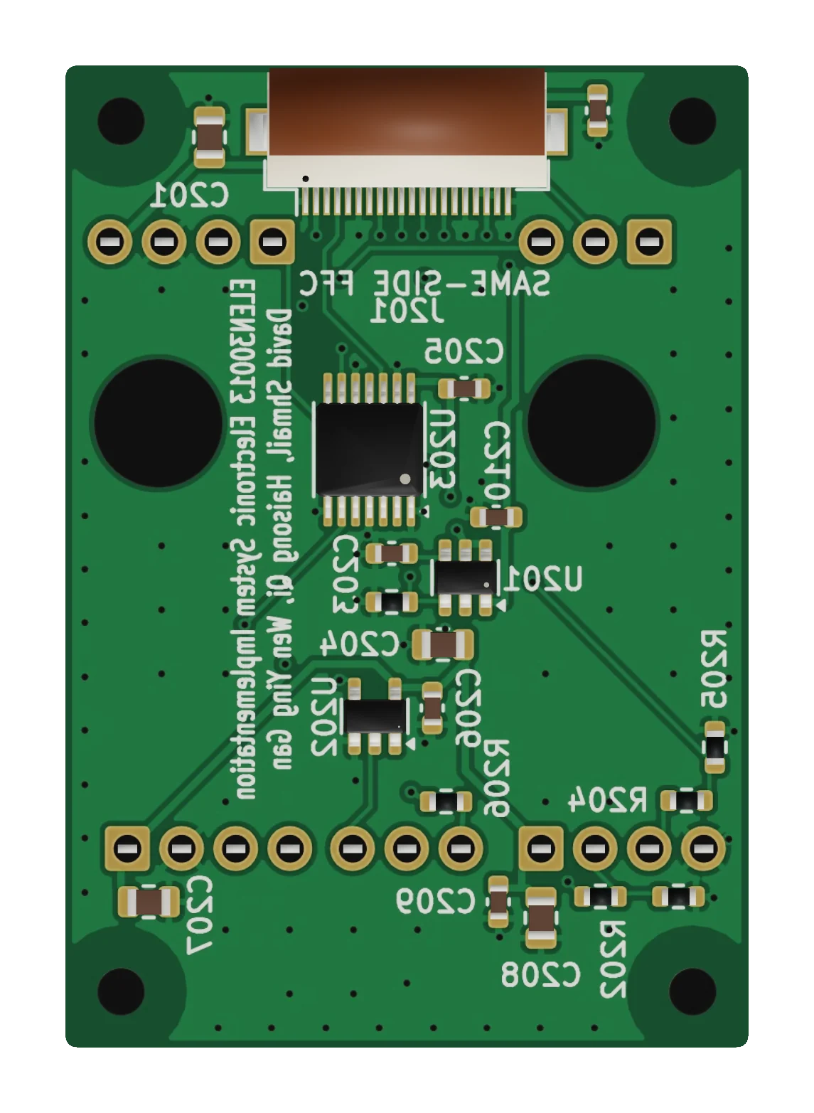 The populated underside of the pod board: the flat cable connector along one edge, the sensor power switch and logic buffers in the middle, and the sensor terminals along the other edge.